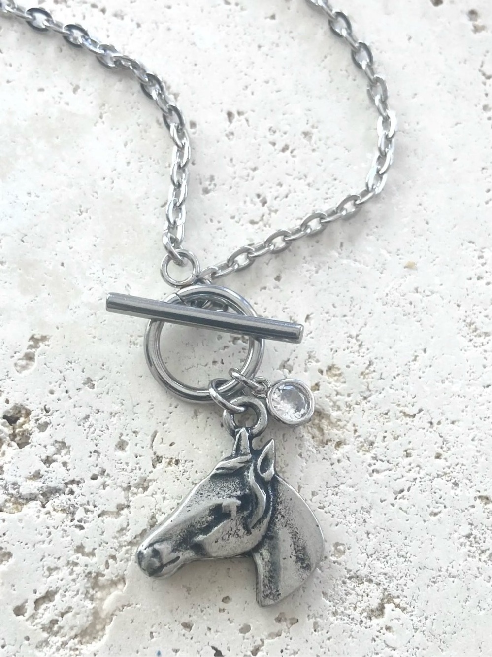 Silver Horse Head Pendant Necklace with Toggle Clasp